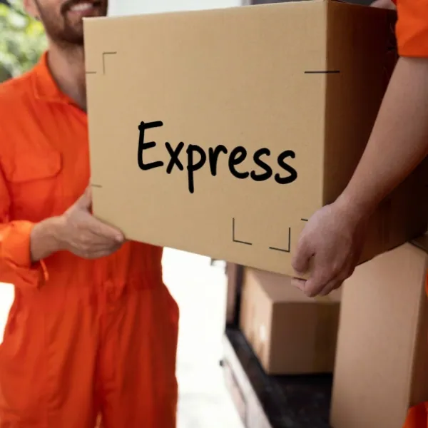 Umzugshelfer übergibt einen Karton mit der Aufschrift Express